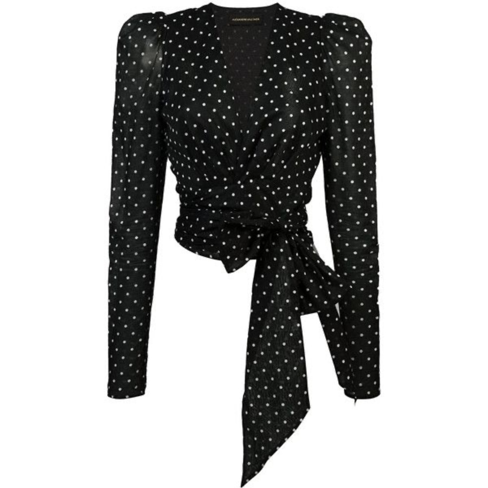 ALEXANDRE VAUTHIER BLACK POLKA DOT WRAP TOP BLOUSE FR 38